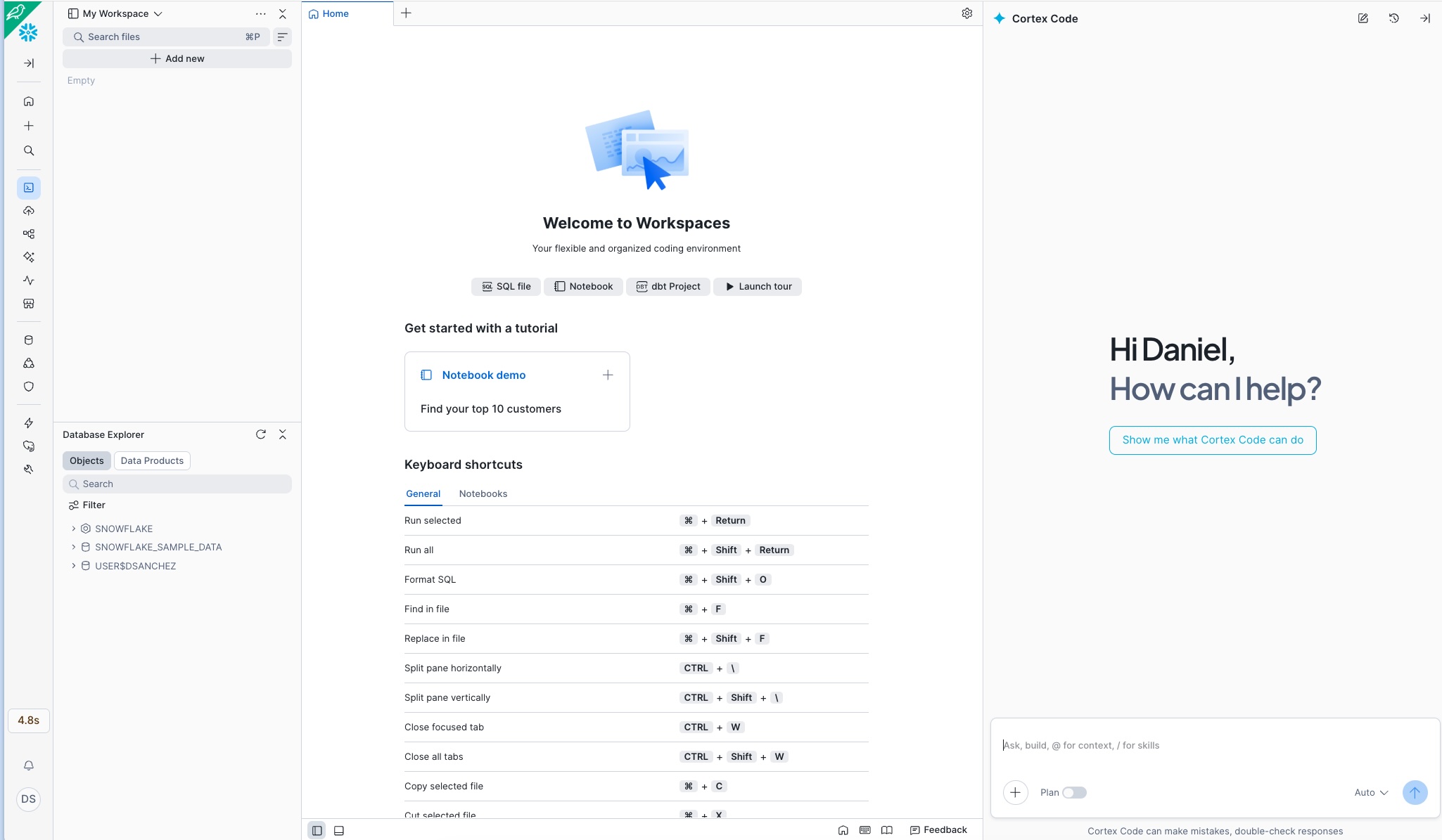 Panel de Cortex Code en Snowsight