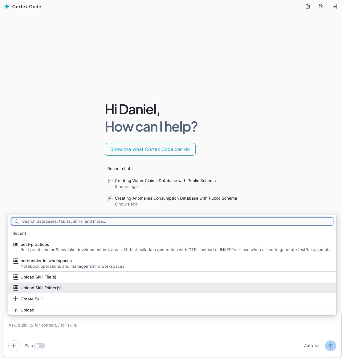 Bot&oacute;n + en Cortex Code para subir una skill